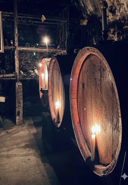 Historischer Weinkeller der Drachenburg Marktbreit mit traditionellen Holzfässern und exklusiver Weinauswahl.